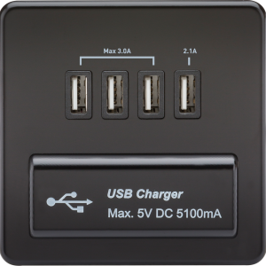 230V Quad USB-A Charger Outlet (5V DC 5.1A shared) - Matt Black with Black Insert