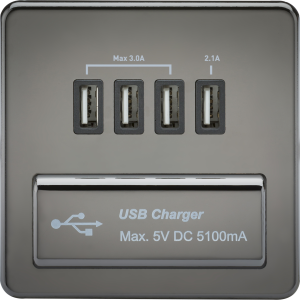 230V Quad USB-A Charger Outlet (5V DC 5.1A shared) - Black Nickel with Black Insert