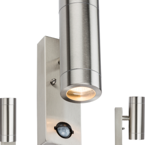 230V IP44 2 X GU10 Stainless Steel Up/Down Wall Light with Pir