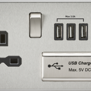 13A Switched Socket with Quad USB-A (5V DC 5.1A shared) - Brushed Chrome with Black Insert
