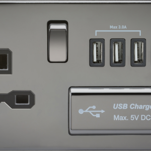 13A Switched Socket with Quad USB-A (5V DC 5.1A shared) - Black Nickel with Black Insert