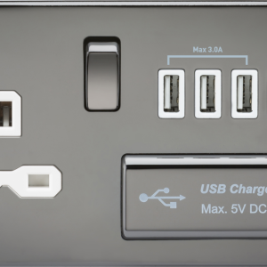 13A Switched Socket with Quad USB-A (5V DC 5.1A shared) - Black Nickel with White Insert