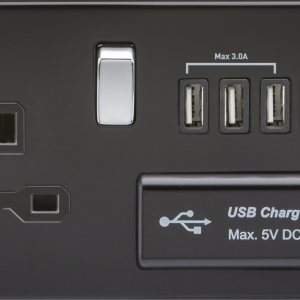 13A Switched Socket with Quad USB-A (5V DC 5.1A shared) - Matt Black with Chrome Rocker