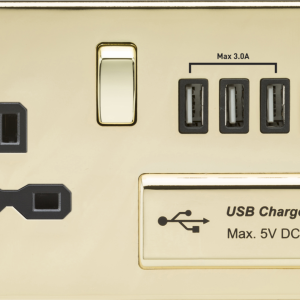 13A Switched Socket with Quad USB-A (5V DC 5.1A shared) - Polished Brass with Black Insert