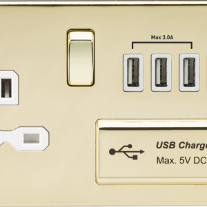 13A Switched Socket with Quad USB-A (5V DC 5.1A shared) - Polished Brass with White Insert