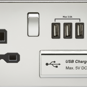 13A Switched Socket with Quad USB-A (5V DC 5.1A shared) - Polished Chrome with Black Insert