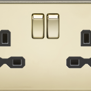13A 2G DP Switched Socket with Twin Earths - Polished Brass with Black Insert