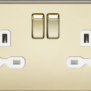 13A 2G DP Switched Socket with Twin Earths - Polished Brass with White Insert