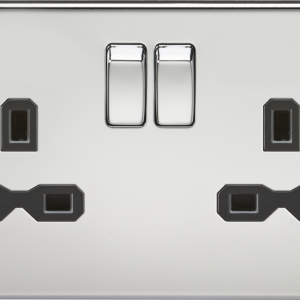 13A 2G DP Switched Socket with Twin Earths - Polished Chrome with Black Insert