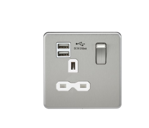 SFR9901BCW 13A 1G SP Switched Socket with Dual USB A+A (5V DC 2.1A shared) - Brushed