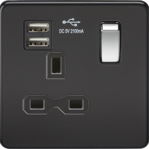 13A 1G SP Switched Socket with Dual USB A+A (5V DC 2.1A shared) - Matt Black