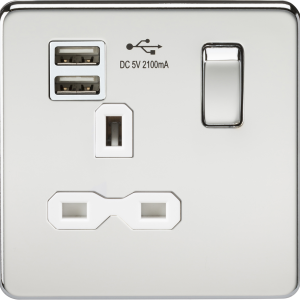 13A 1G SP Switched Socket with Dual USB A+A (5V DC 2.1A shared) - Polished Chrome