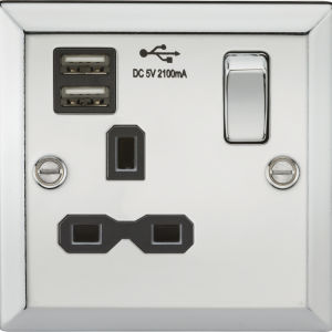 13A 1G Switched Socket Dual USB Charger Slots with Black Insert - Bevelled Edge Polished Chrome