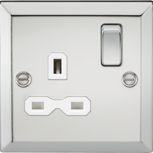 13A 1G DP Switched Socket with White Insert - Bevelled Edge Polished Chrome
