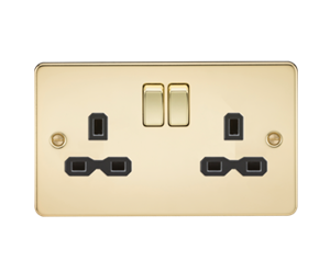 13A 2G DP Switched Socket With Twin Earths - Polished Brass With Black Insert