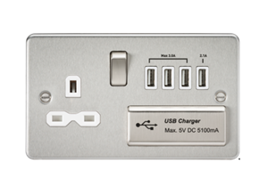 13A Switched Socket With Quad USB-A (5V DC 5.1A Shared) - Brushed Chrome With White Insert