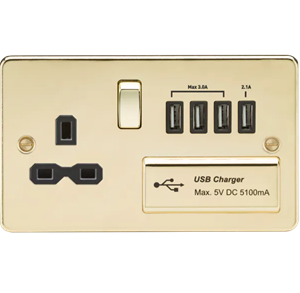 13A Switched Socket With Quad USB-A (5V DC 5.1A Shared) - Polished Brass With Black Insert
