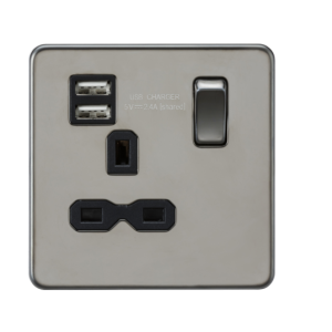 13A 1G SP Switched Socket with Dual USB A+A (5V DC 2.4A shared) - Black Nickel