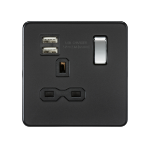 13A 1G SP Switched Socket with Dual USB A+A (5V DC 2.4A shared) - Matt Black
