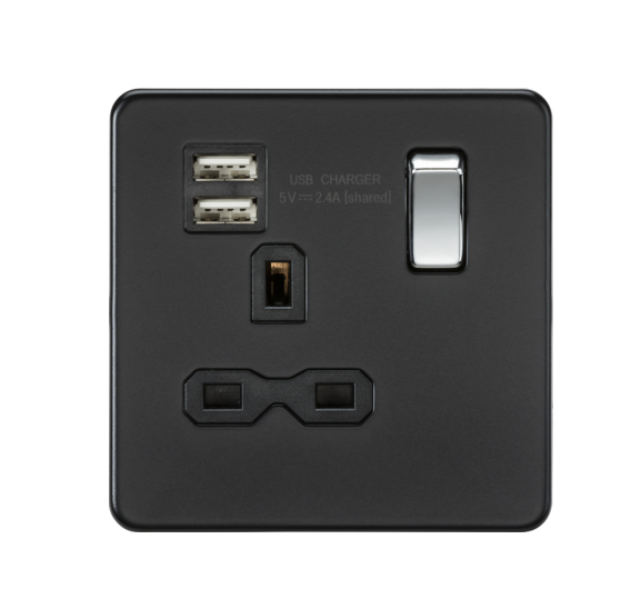 13A 1G SP Switched Socket with Dual USB A+A (5V DC 2.4A shared) - Matt Black