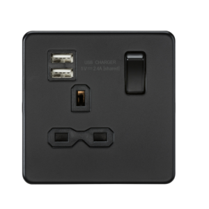 13A 1G SP Switched Socket with Dual USB A+A (5V DC 2.4A shared) - Matt Black
