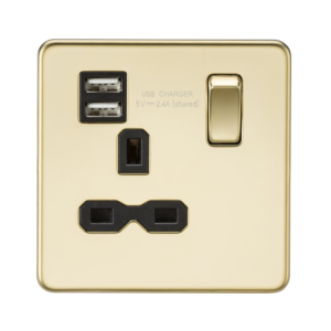 13A 1G SP Switched Socket with Dual USB A+A (5V DC 2.4A shared) - Polished Brass