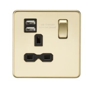 13A 1G SP Switched Socket with Dual USB A+A (5V DC 2.4A shared) - Polished Brass