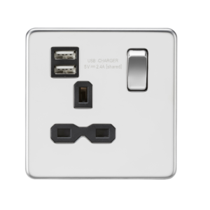 13A 1G SP Switched Socket with Dual USB A+A (5V DC 2.4A shared) - Polished Chrome