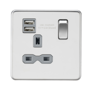 13A 1G SP Switched Socket with Dual USB A+A (5V DC 2.4A shared) - Polished Chrome