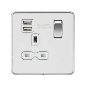13A 1G SP Switched Socket with Dual USB A+A (5V DC 2.4A shared) - Polished Chrome