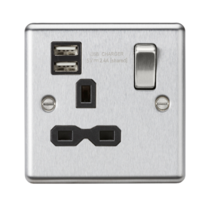 13A 1G SP Switched Socket with Dual USB A+A (5V DC 2.4A shared) - Brushed Chrome