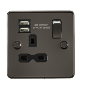 13A 1G SP Switched Socket with Dual USB A+A (5V DC 2.4A shared) - Gunmetal with