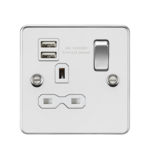 13A 1G SP Switched Socket with Dual USB A+A (5V DC 2.4A shared) - Polished Chrome