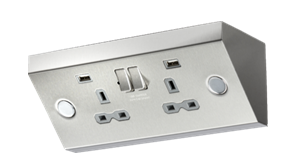 13A 2G Mounting Switched Socket With Dual USB Charger (2.4A) - Stainless Steel With grey Insert