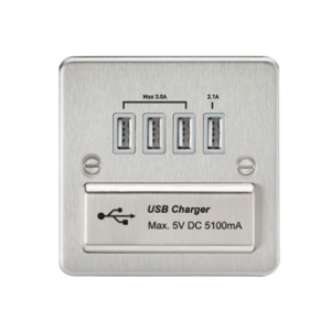 230V Quad USB-A Charger Outlet (5V DC 5.1A Shared) - Brushed Chrome With Grey Insert