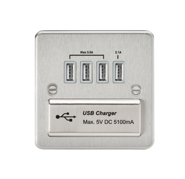 230V Quad USB-A Charger Outlet (5V DC 5.1A Shared) - Brushed Chrome With Grey Insert