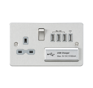 13A Switched Socket With Quad USB-A (5V DC 5.1A Shared) - Brushed Chrome with Grey Insert