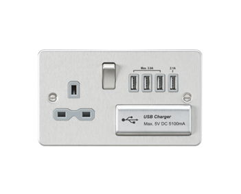 13A Switched Socket With Quad USB-A (5V DC 5.1A Shared) - Brushed Chrome with Grey Insert