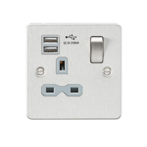 13A 1G SP Switched Socket With Dual USB A+A (5V DC 2.1A Shared) - Brushed Brass