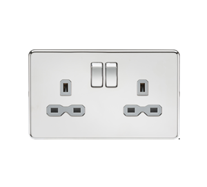 13A 2G DP Switched Socket With Twin Earths - Polished Chrome With Grey Insert