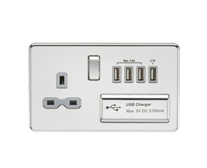 13A Switched Socket With Quad USB-A (5V DC 5.1A Shared) - Polished Chrome With Grey Insert