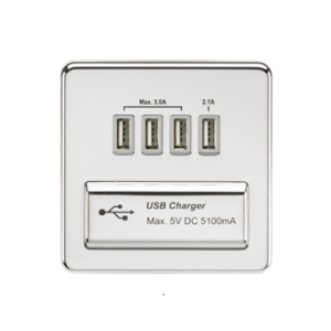 230V Quad USB-A Charger Outlet (5V DC 5.1A Shared) - Polished Chrome With Grey Insert