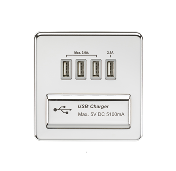 230V Quad USB-A Charger Outlet (5V DC 5.1A Shared) - Polished Chrome With Grey Insert