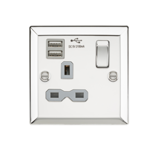 13A 1G Switched Socket Dual USB Charger Slots with Grey Insert - Bevelled Edge Polished Chrome