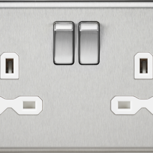 13A 2G DP Switched Socket with Twin Earths - Brushed Chrome with White Insert