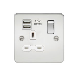 13A 1G SP Switched Socket With Dual USB A+A (5V DC 2.1A Shared) - Polished Chrome