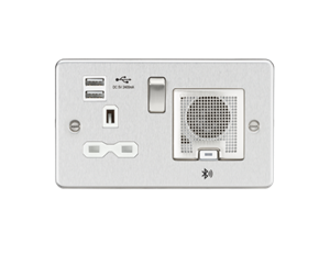 13A Socket Bluetooth Speaker And Dual USB A+A (5V DC 2.4A Shared) - Brushed Chrome With