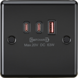 230V Triple USB Charger Plate 2 x USB-C 1 x USB-A [20V DC Max. 63W] - Matt Black