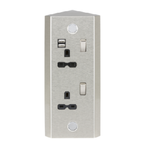13A 2G Vertical Switched Socket With Dual USB Charger (2.4A) - Stainless Steel With Black Insert