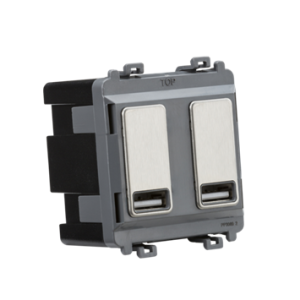 Dual USB Charger Module (2 x Grid Positions) 5V 2.4A (Shared) - Brushed Chrome